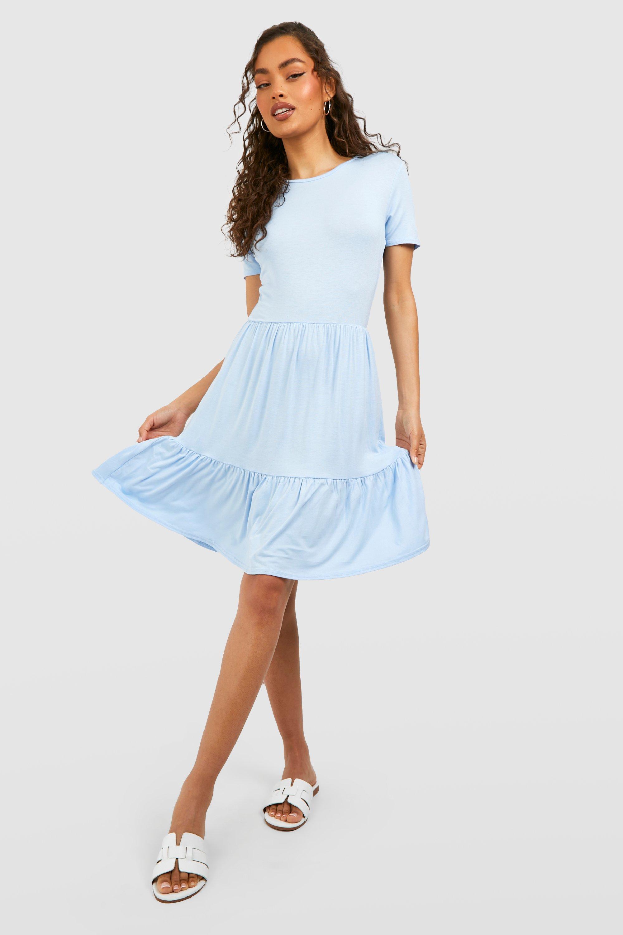 Short Sleeve Drop Hem Smock Dress boohoo